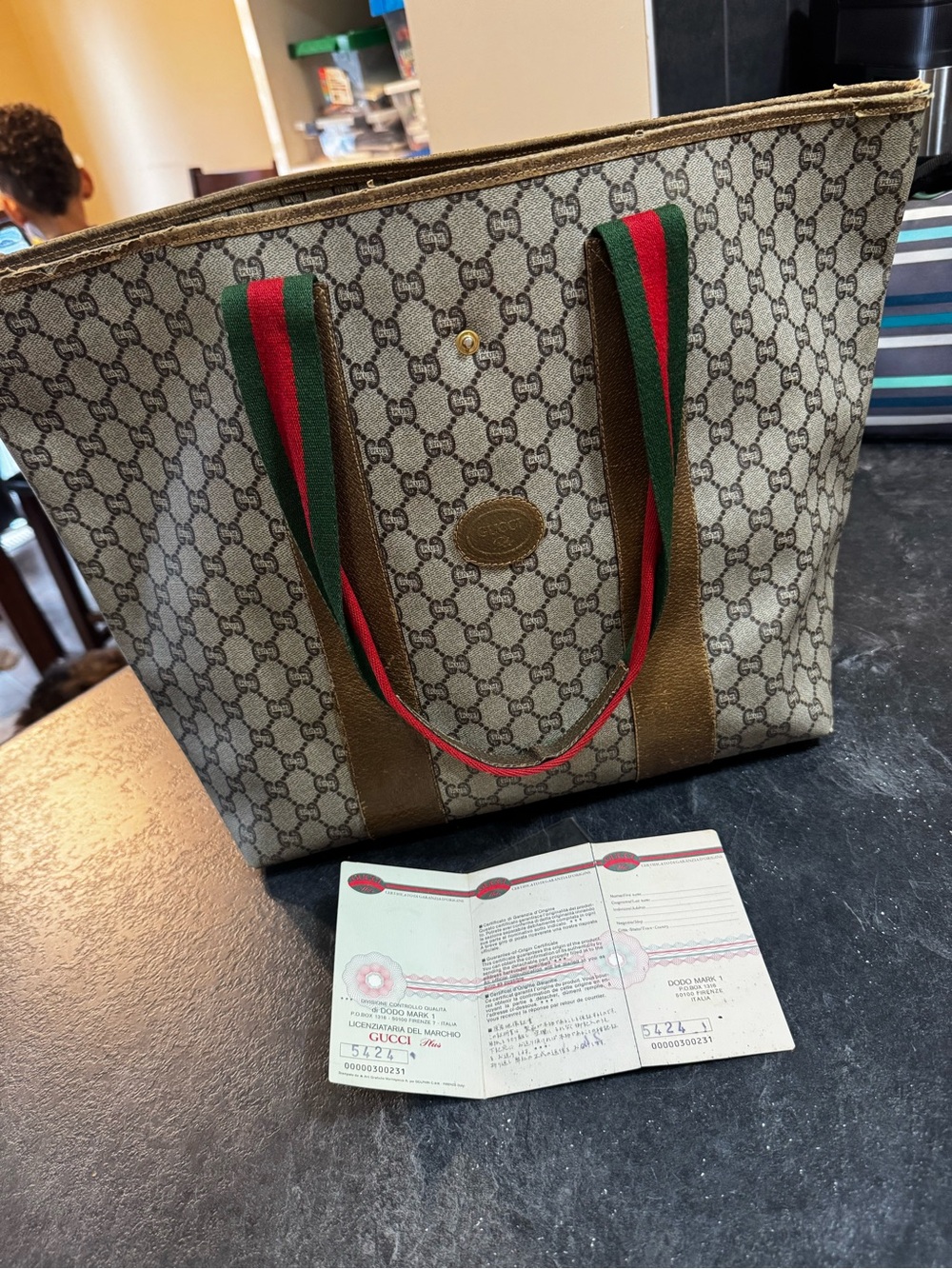 Gucci Beige GG Canvas Tote with Red and Green Web Handles